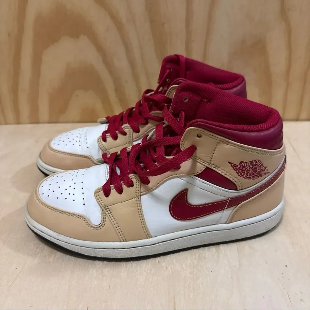 Size  8.5 Men’s - Jordan 1 Mid Light Curry Cardinal Red
